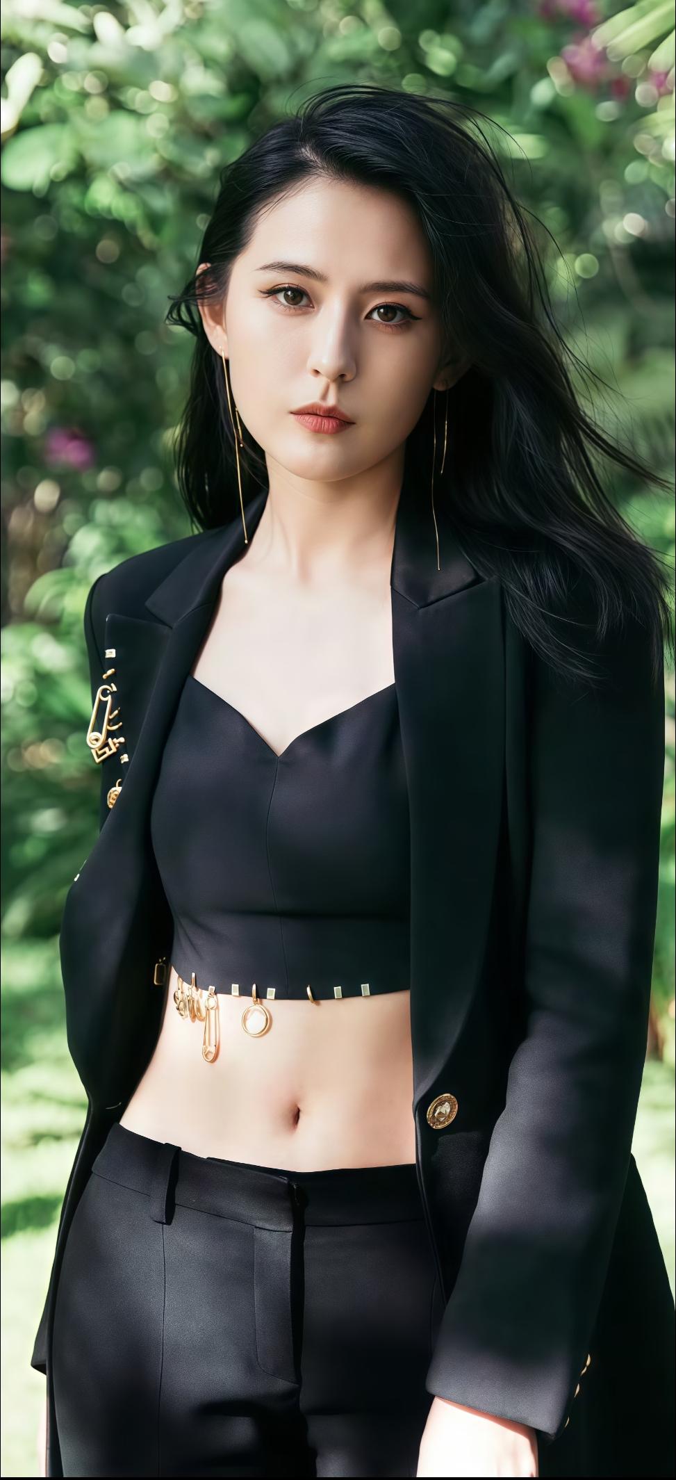 黑衣美人倚绿树，金环腰带映芳姿。