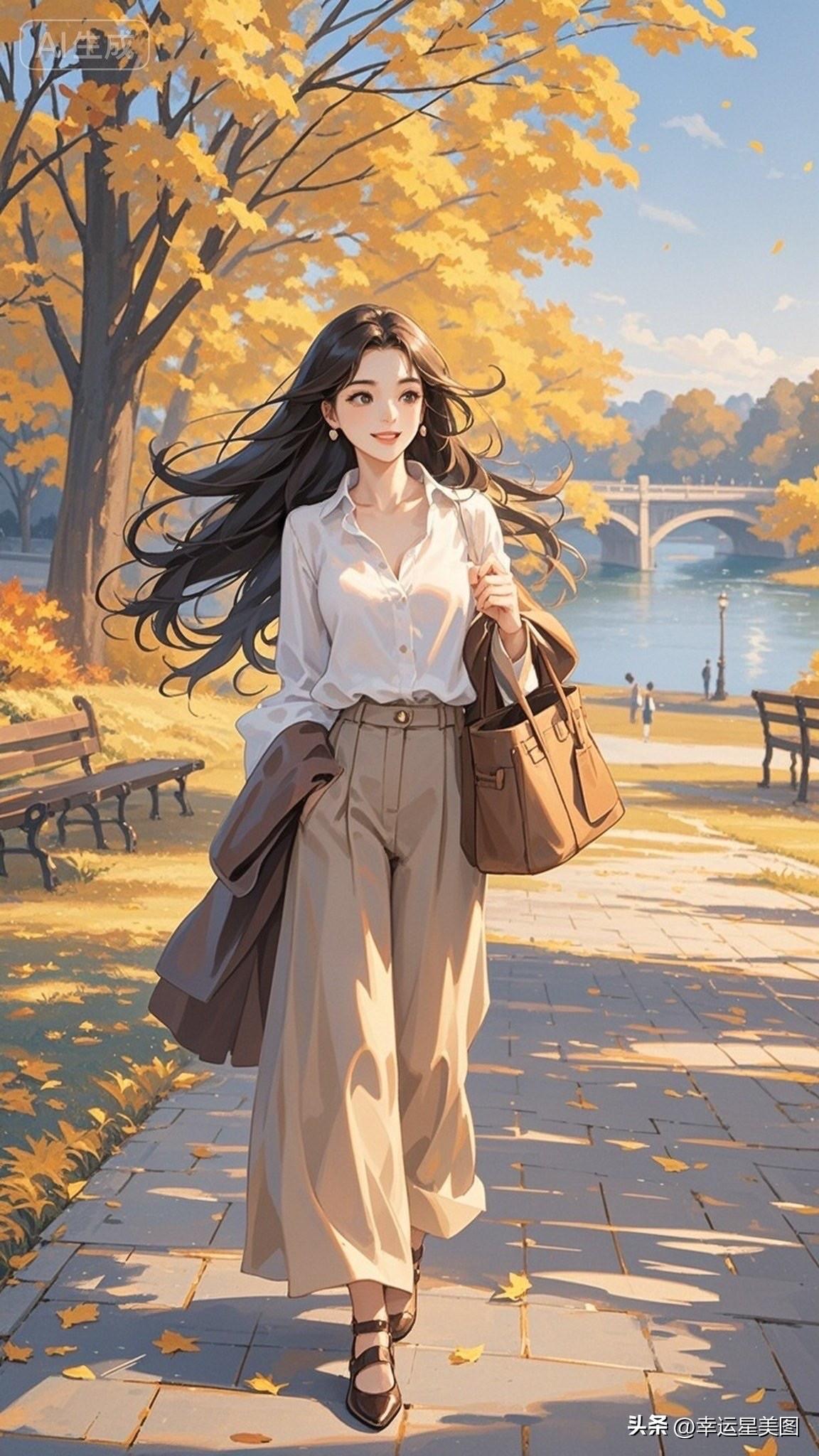 秋日漫步，花海中的少女，悠然自得。