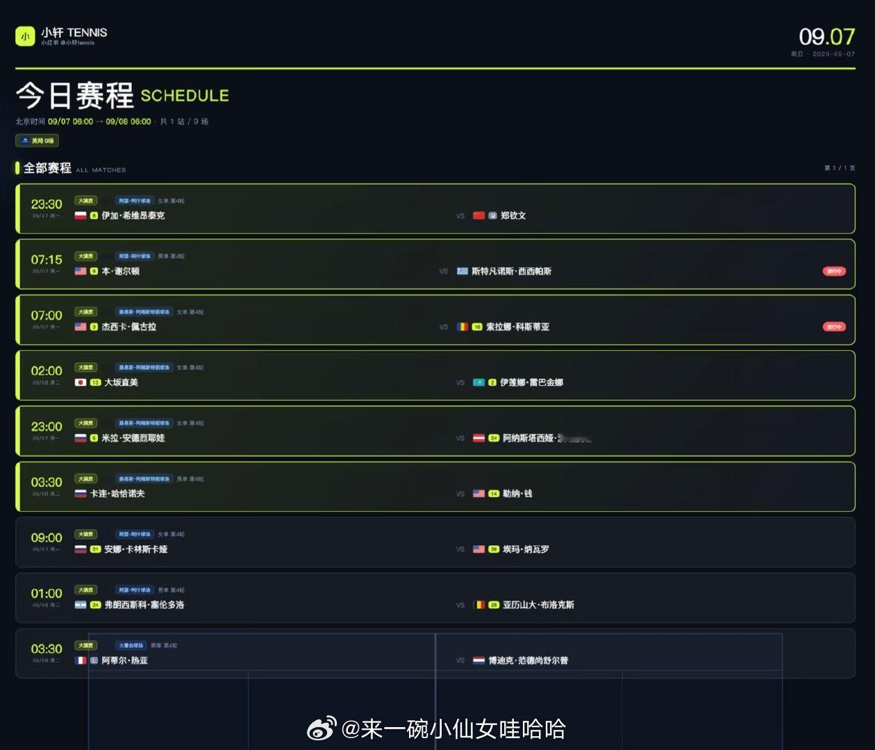 美网9月7日赛程更新：郑钦文23:30迎战斯瓦泰克，争夺八强席位。硬地强强对话，