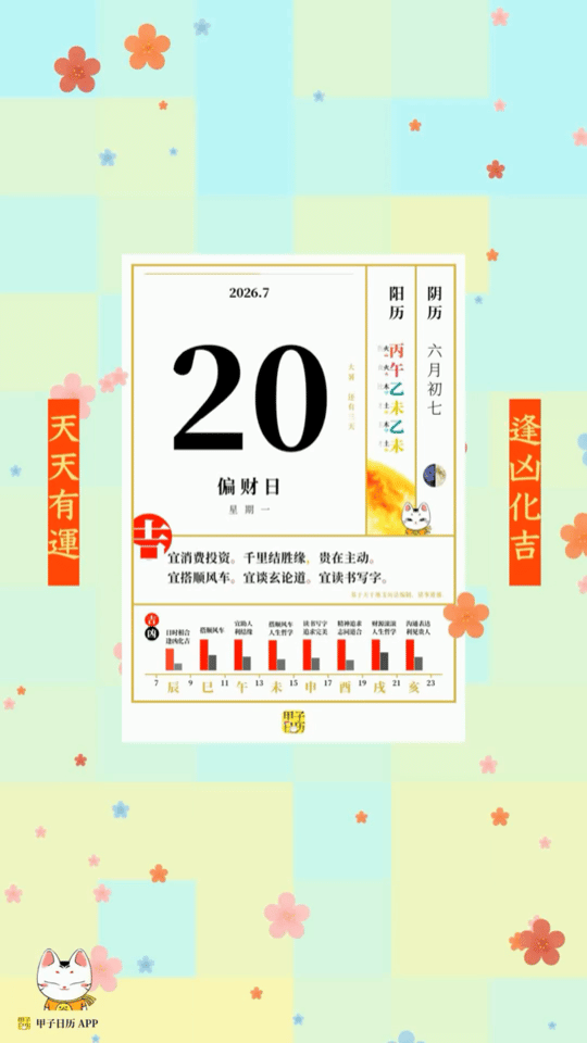 甲子日历 7 月 20 日，偏财日。宜消费投资。千里结胜缘，贵在主动。📆 星座