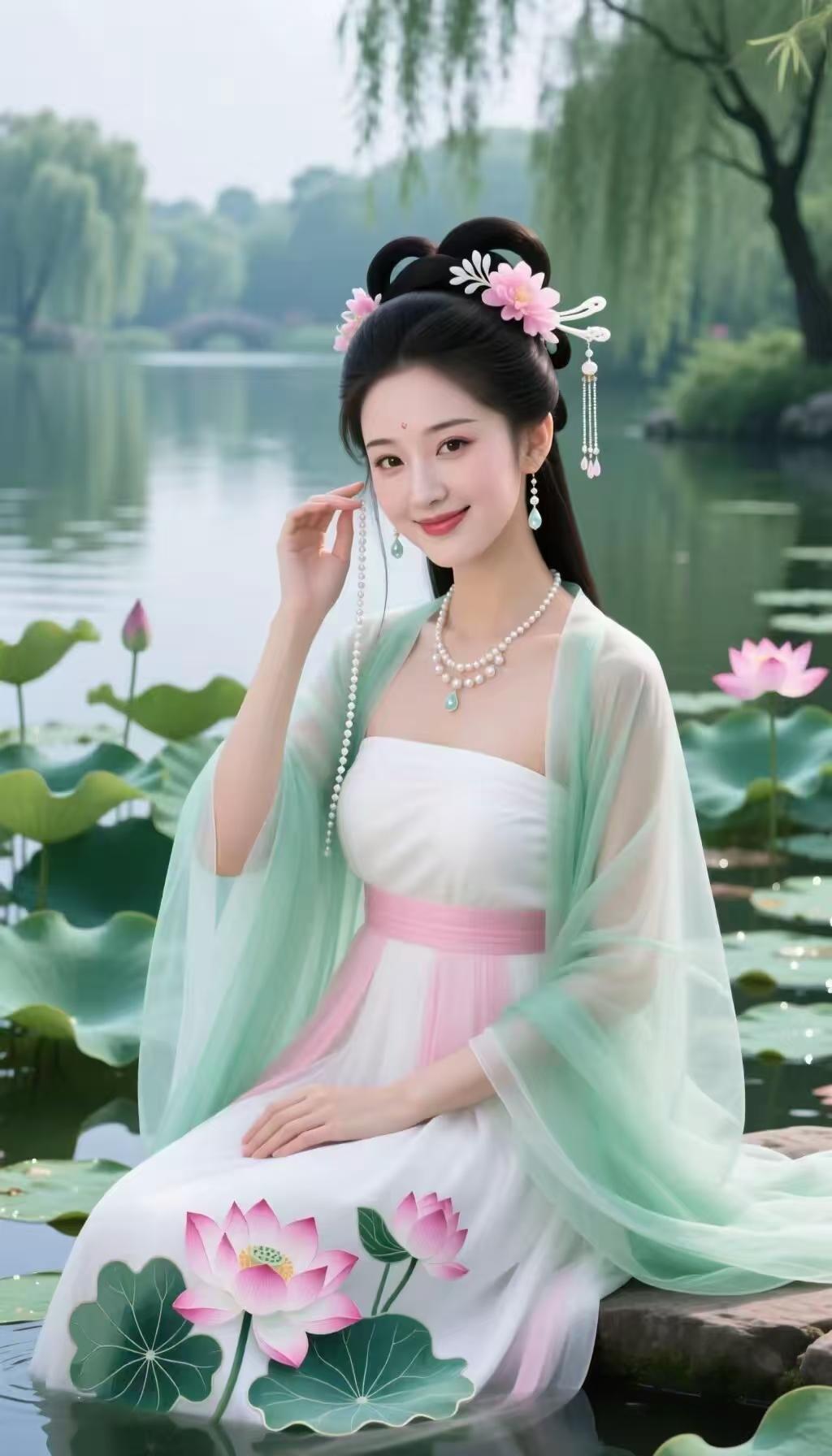 殿前欢·湖堤夏景 
碧湖天，
澄波漾起碎清涟。
长堤柳色凝青幔，
翠影轻翻。
荷