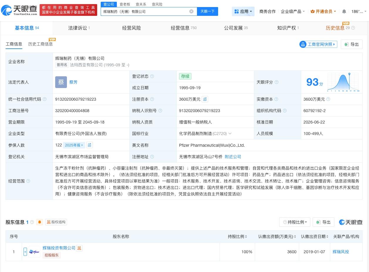 辉瑞制药无锡公司变更负责人
天眼查App显示，近日，辉瑞制药（无锡）有限公司发生
