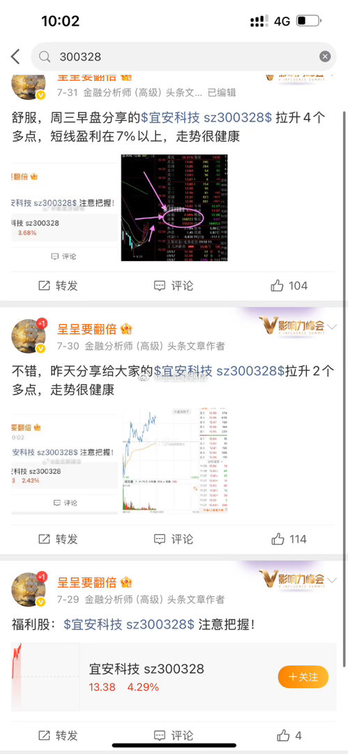 漂亮，上周三分享的$宜安科技 sz300328$ 继续拉升4个多点，短线获利11