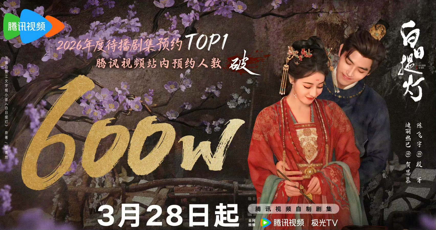迪丽热巴陈飞宇的《白日提灯》预约人数破600 万，什么水平？