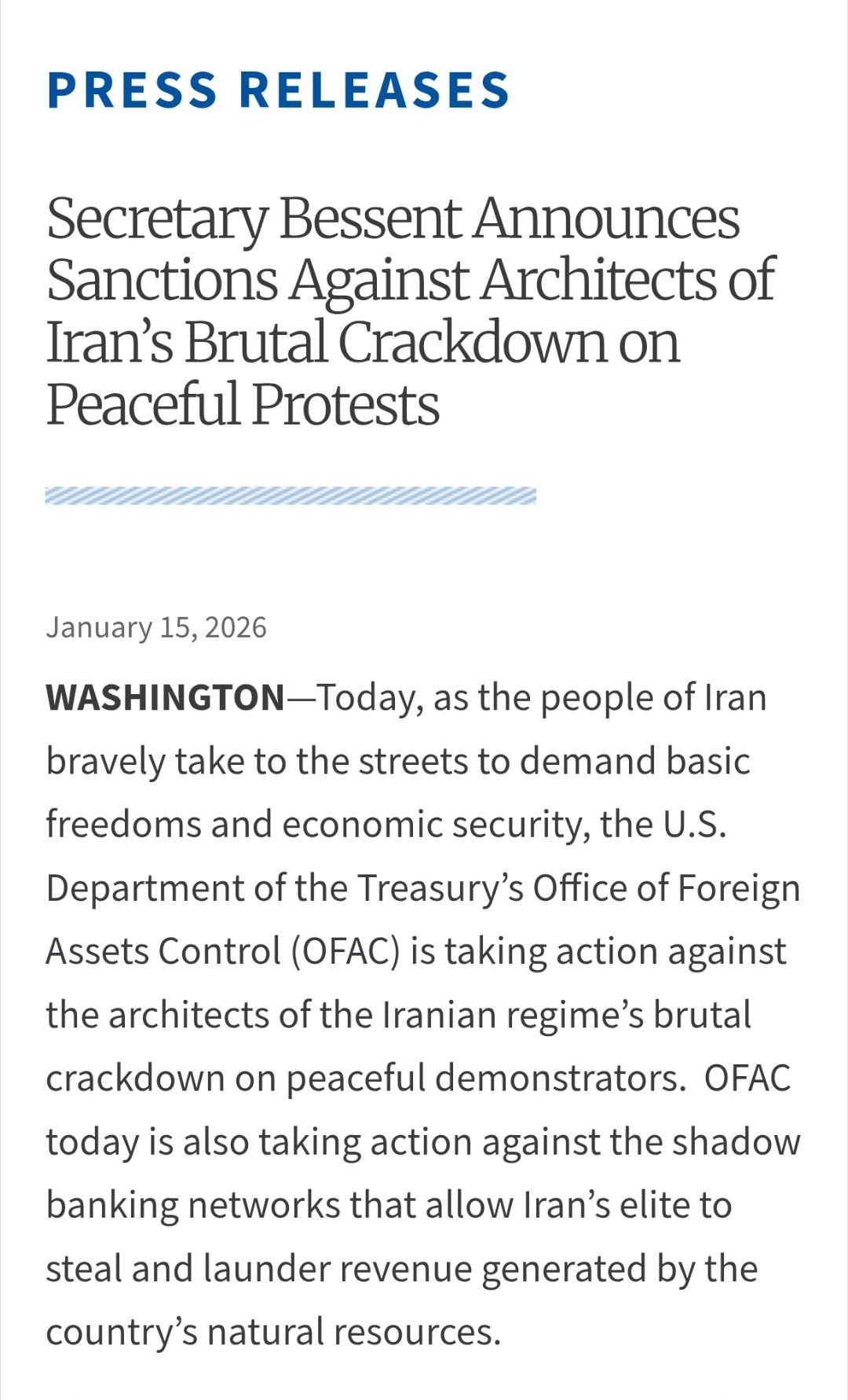 美国财政部宣布对伊朗实施新制裁美国财政部以支持伊朗抗议者为由，宣布对伊朗国家安全