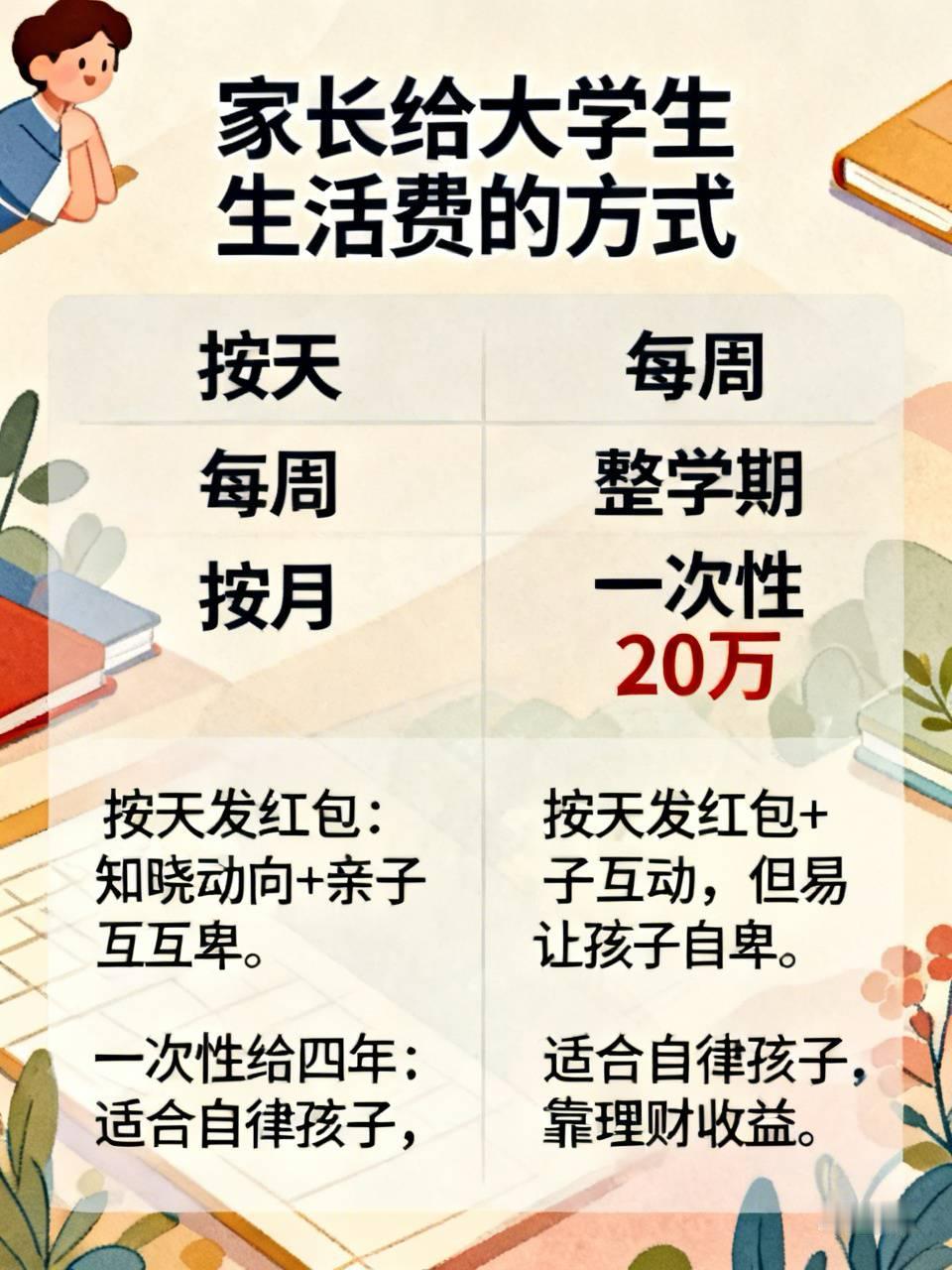 看了许多家长的留言，不禁感叹，如今家长给大学生生活费的方式各式各样，按天、每周、