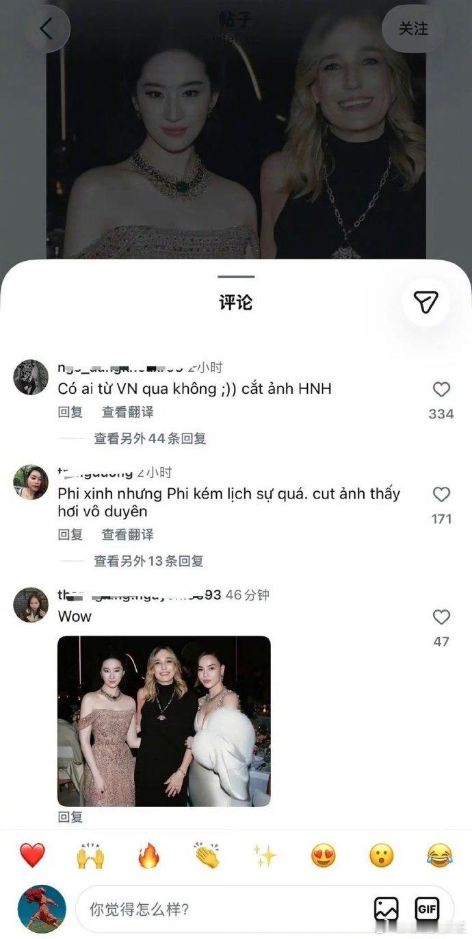 刘亦菲ins发合照把越南女星裁掉了，评论区都在质疑她。起因是：宝格丽活动当晚，刘