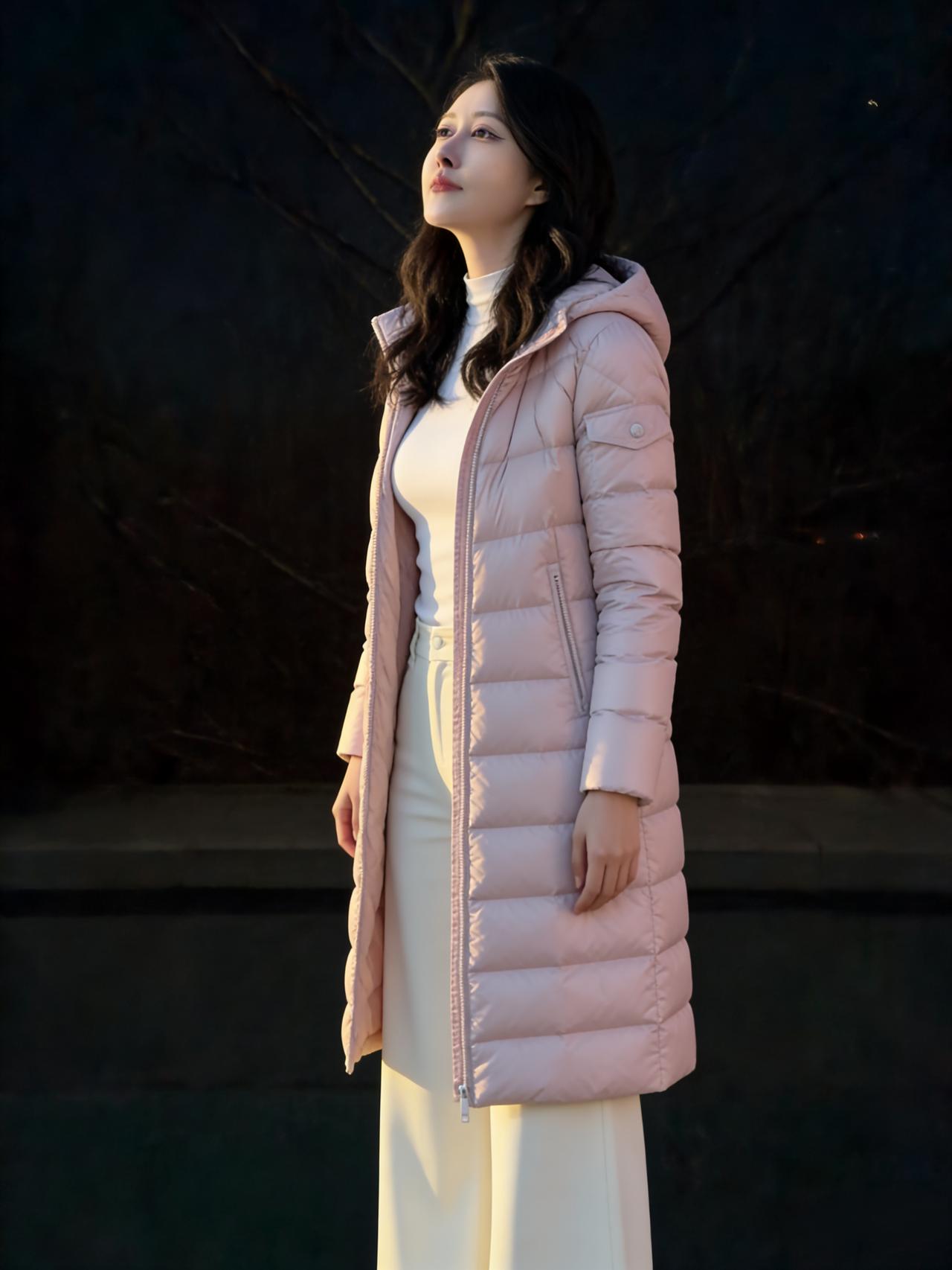 夜色垂平野，寒光浸薄帷。
粉衣承暗露，素裤立凉晖。
目敛星河静，心凝月影微。
孤