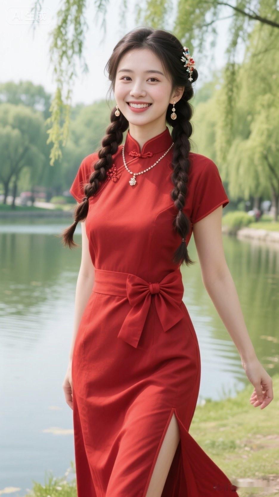 这个女孩在湖边笑得很甜。