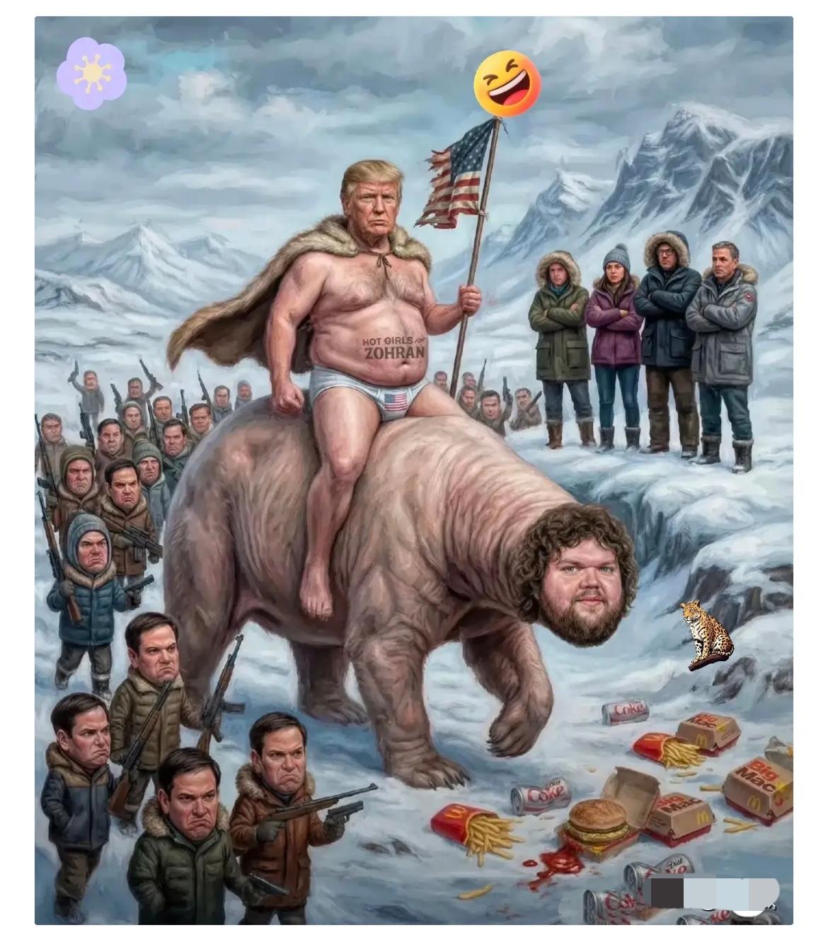 一张漫画，把外网给引爆了。

画风很“帝国”，
特朗普骑着高头大马，身后旌旗蔽日