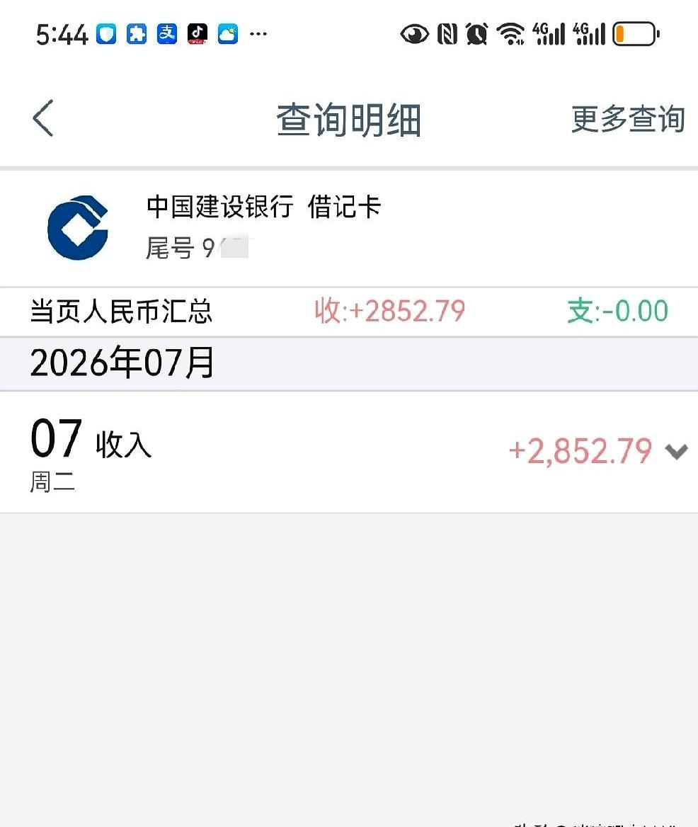 下午卡里跳出2852.79时，心口像被烫了一下，这月养老金到了。
坐在家里也能进