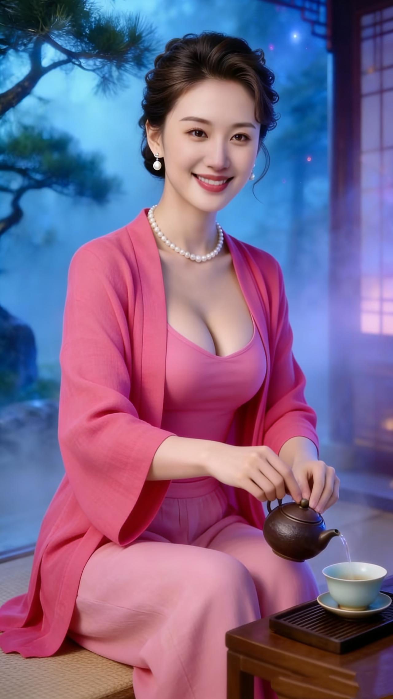 红衫煮茶伴清宁
 
夜色如澜，松影疏斜，一袭玫红衣衫在国风雅境中温婉而立。指尖轻