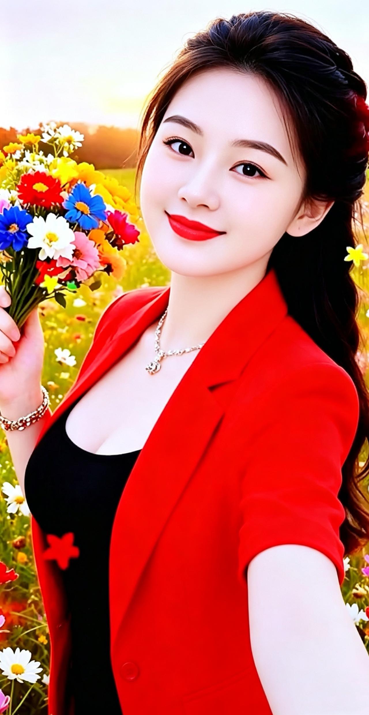 陌上撷英
野陌晴光缀彩英，
红衣笑靥趁风轻。
柔荑挽住春颜色，
黛目藏融云影明。