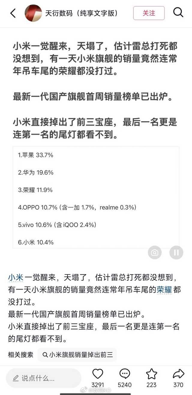 这个人在短视频没少断章取义小米，拿40周的国内手机市场份额，把上面的文字去掉，然