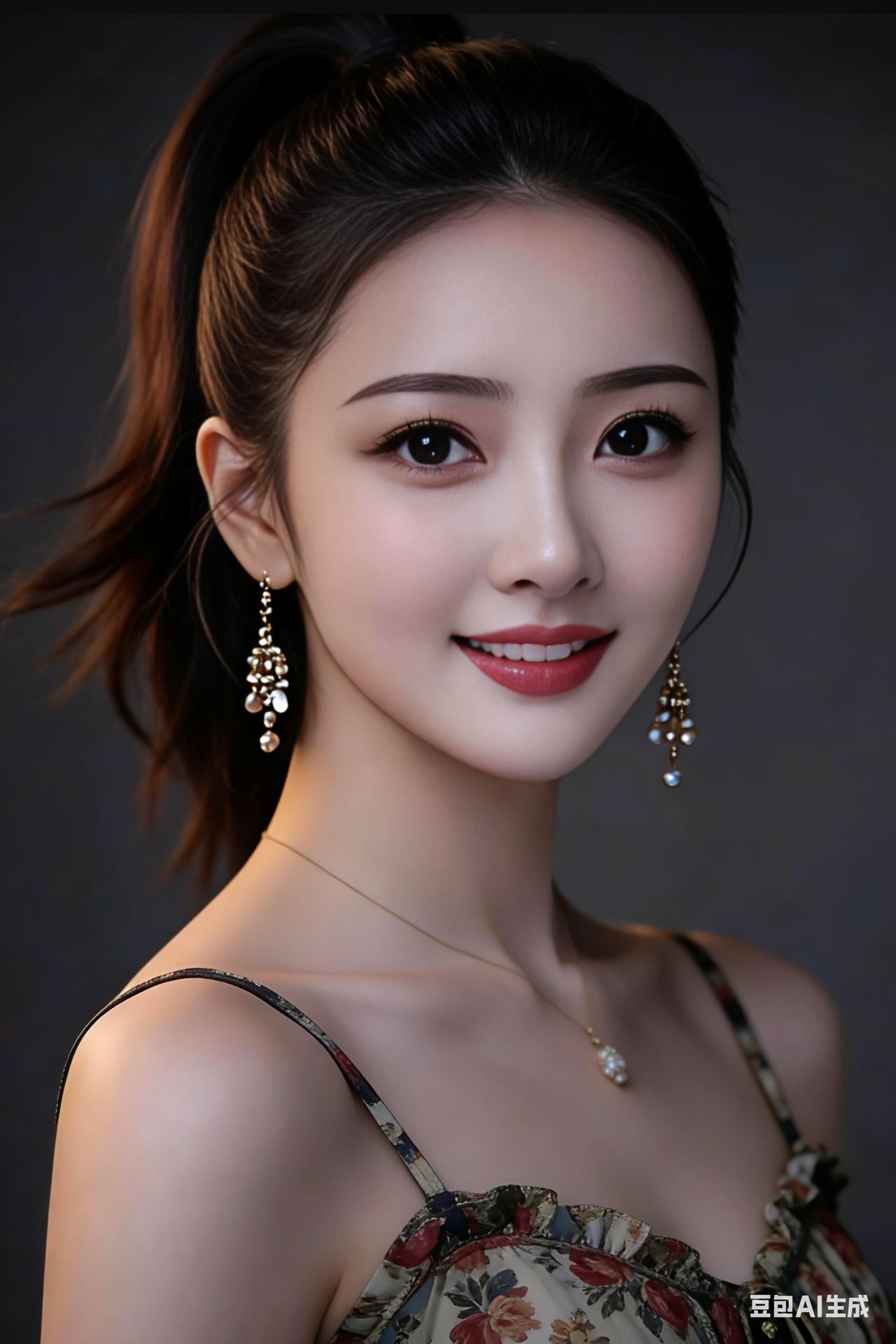 美女身着复古碎花吊带连衣裙，灵动高马尾清爽俏皮，面容清秀温柔，笑容甜美可爱，气质