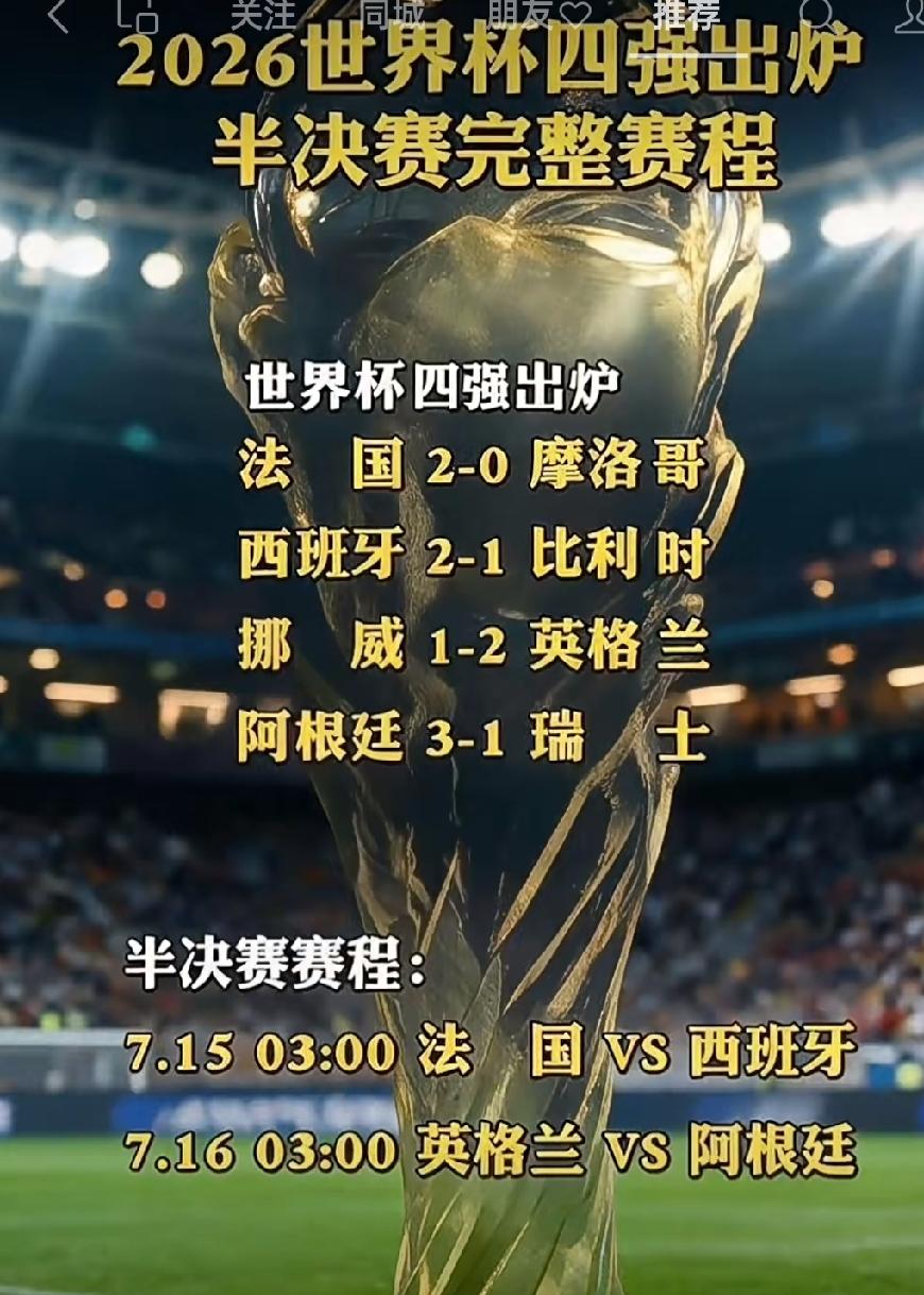 2026世界足球杯1/4赛欧洲三个队对南美洲一个队。
法国、英国、西班牙、阿根廷
