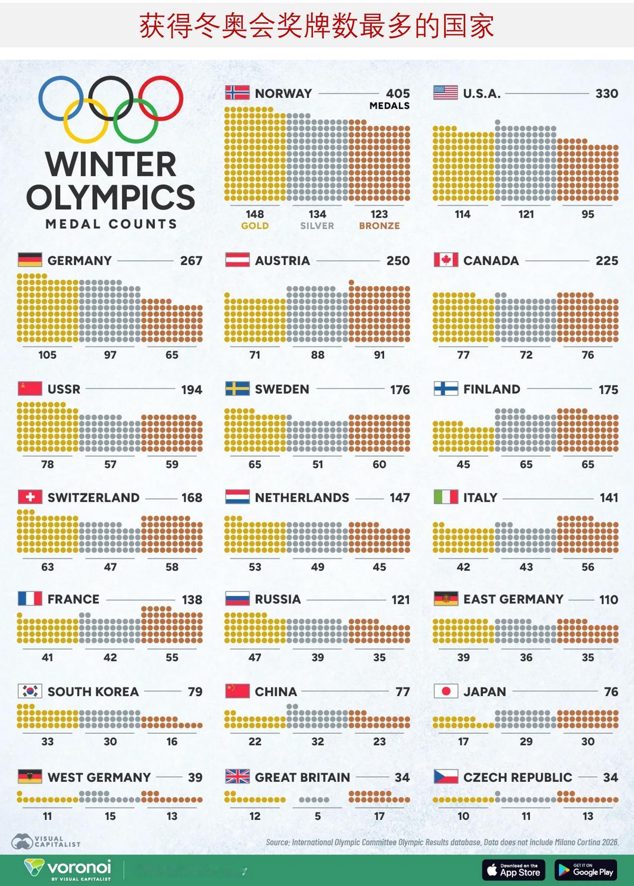 谁是获得冬奥会奖牌数最多的国家？

下图列出了在历届冬奥会中获得奖牌数量最多的国