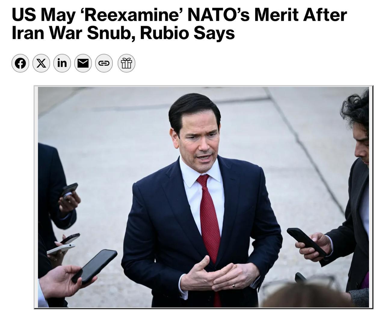 美国参议员鲁比奥公开表态，因北约在对伊问题上的消极立场，美国应当重新审视与北约的