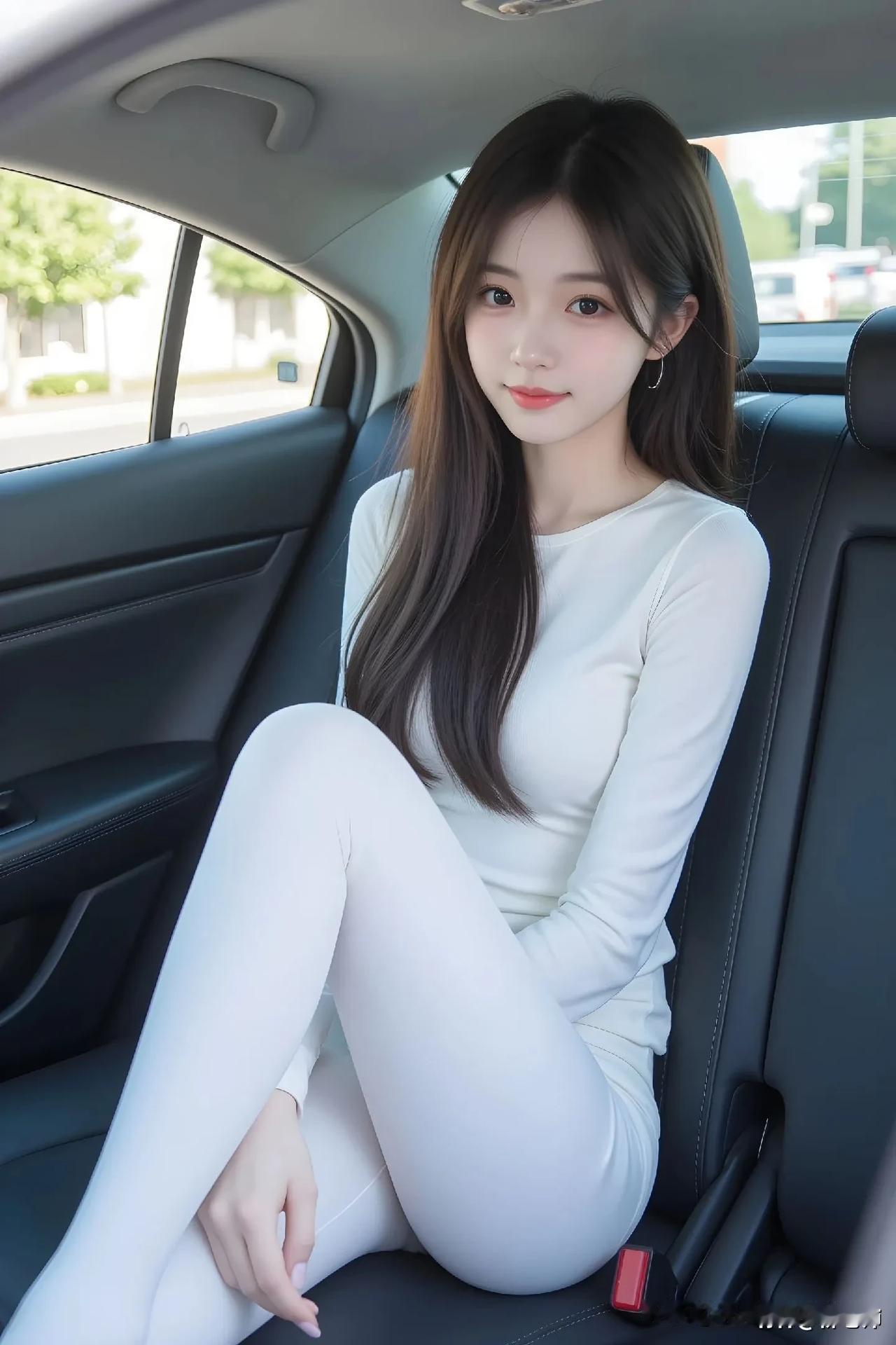 车内甜美少女，白衣白裤，温柔可人！分享迷人的佳人