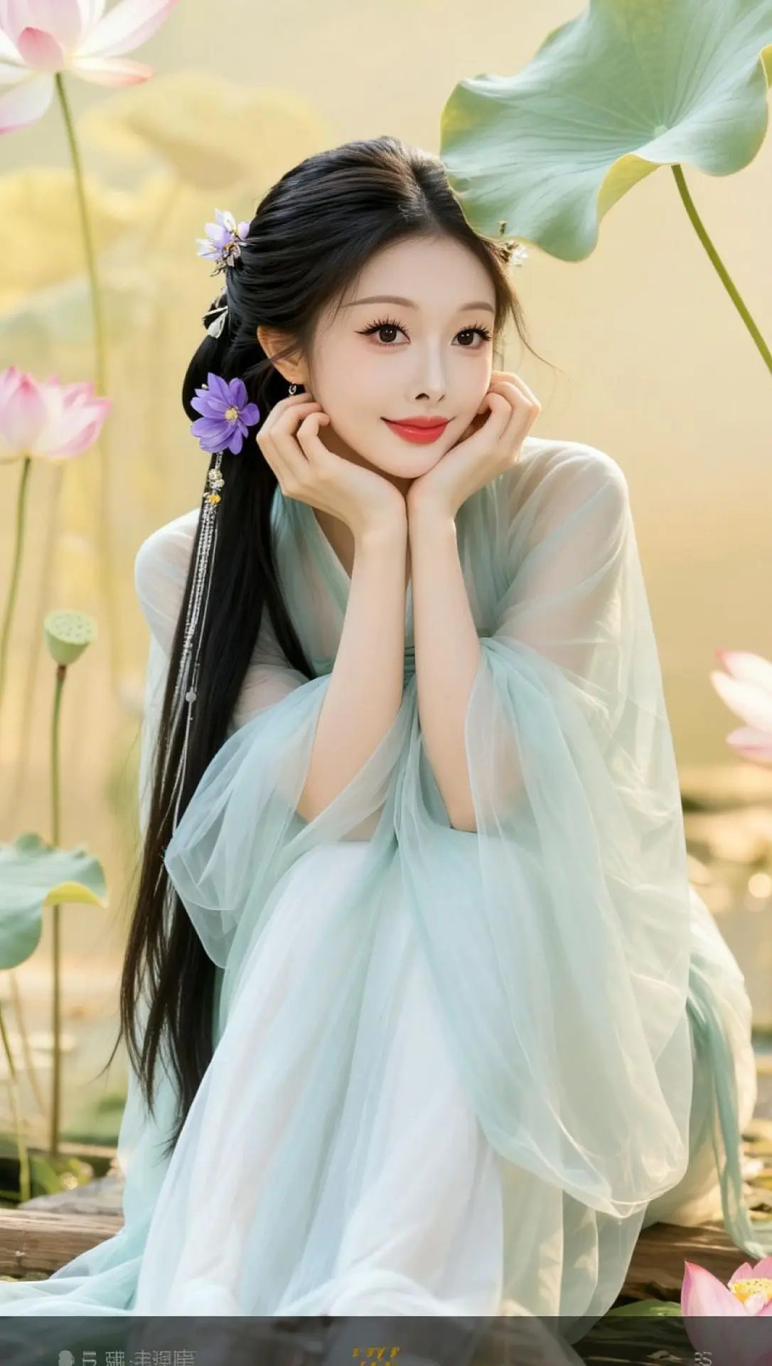 AI荷畔古风照 ai创作 荷花池畔汉服写真 荷花池畔汉服写真