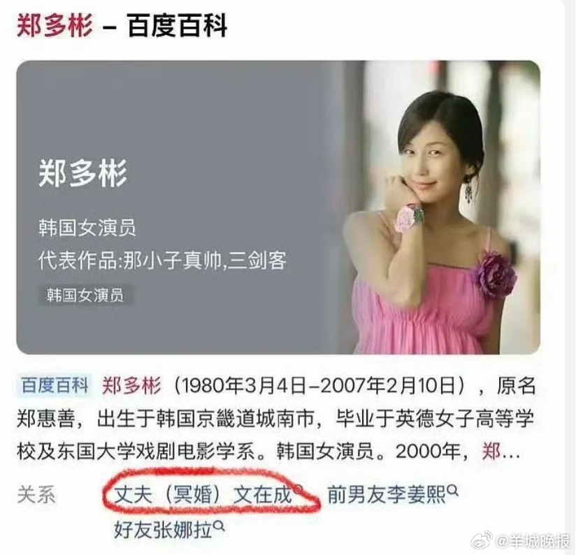 7月31日，#韩国女演员去世4年后被安排冥婚# 话题冲上热搜，已故韩国女星郑多彬