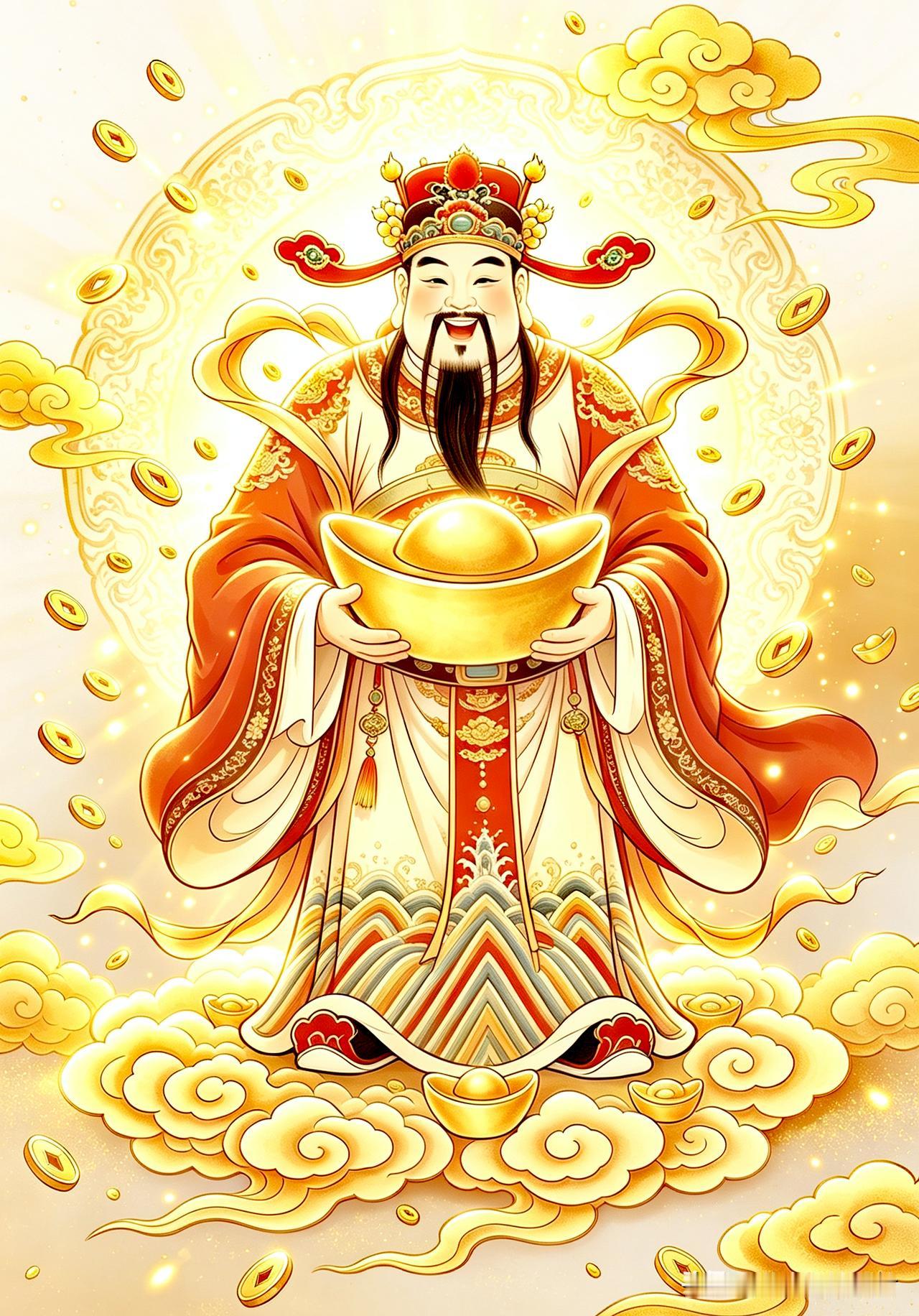 财为养命之源，福是心安之本。
今日财神踏祥云而至，捧着金元宝为大家送福送财。
有