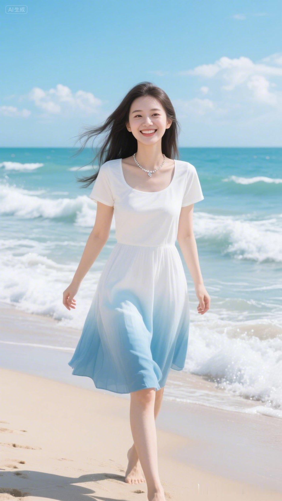 夏日海边漫步，轻盈白裙飘逸，笑靥如花