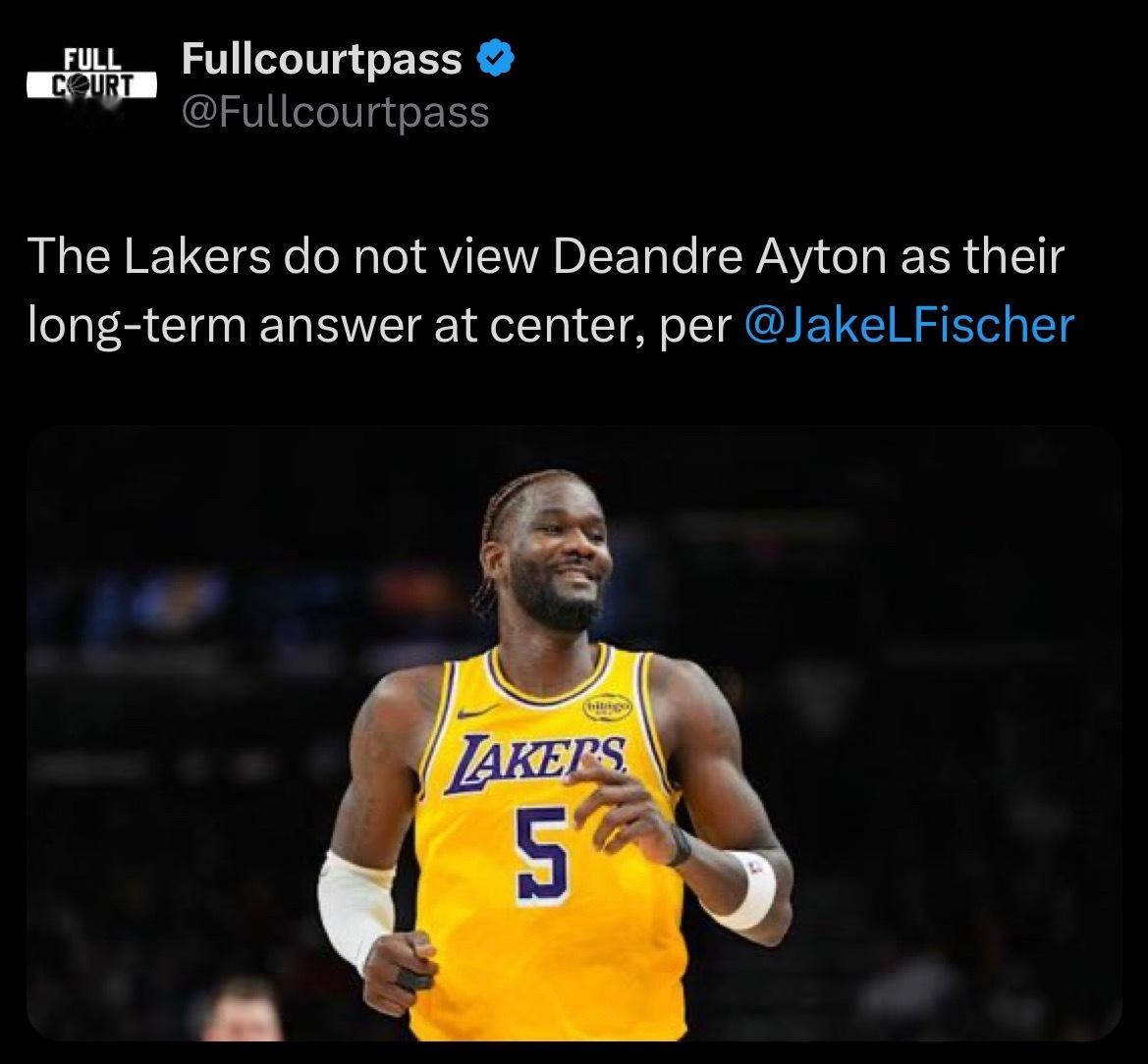 根据@ JakeLFischer报道，湖人认为艾顿不是球队的长期考虑的内线答案！