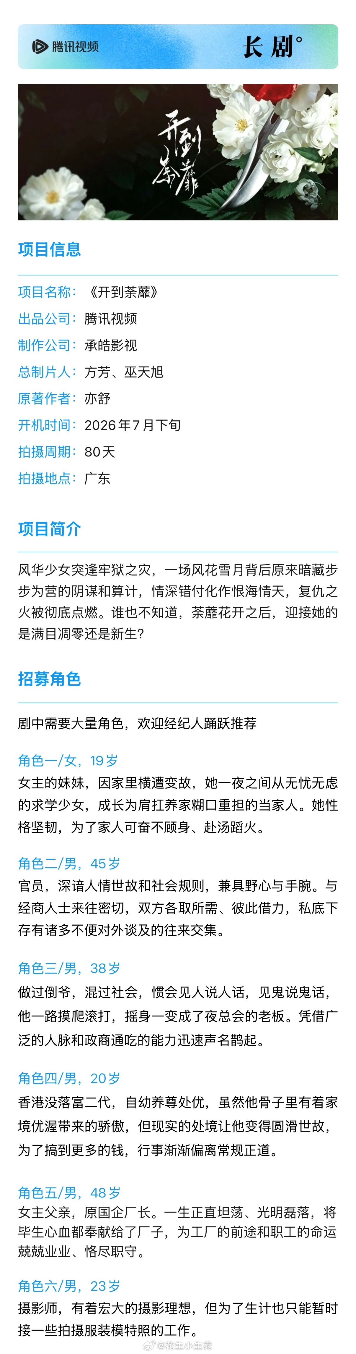 电视剧《开到荼蘼》组讯主演：白鹿出品：腾讯视频天梵工作室群制作：承皓影视开机时间