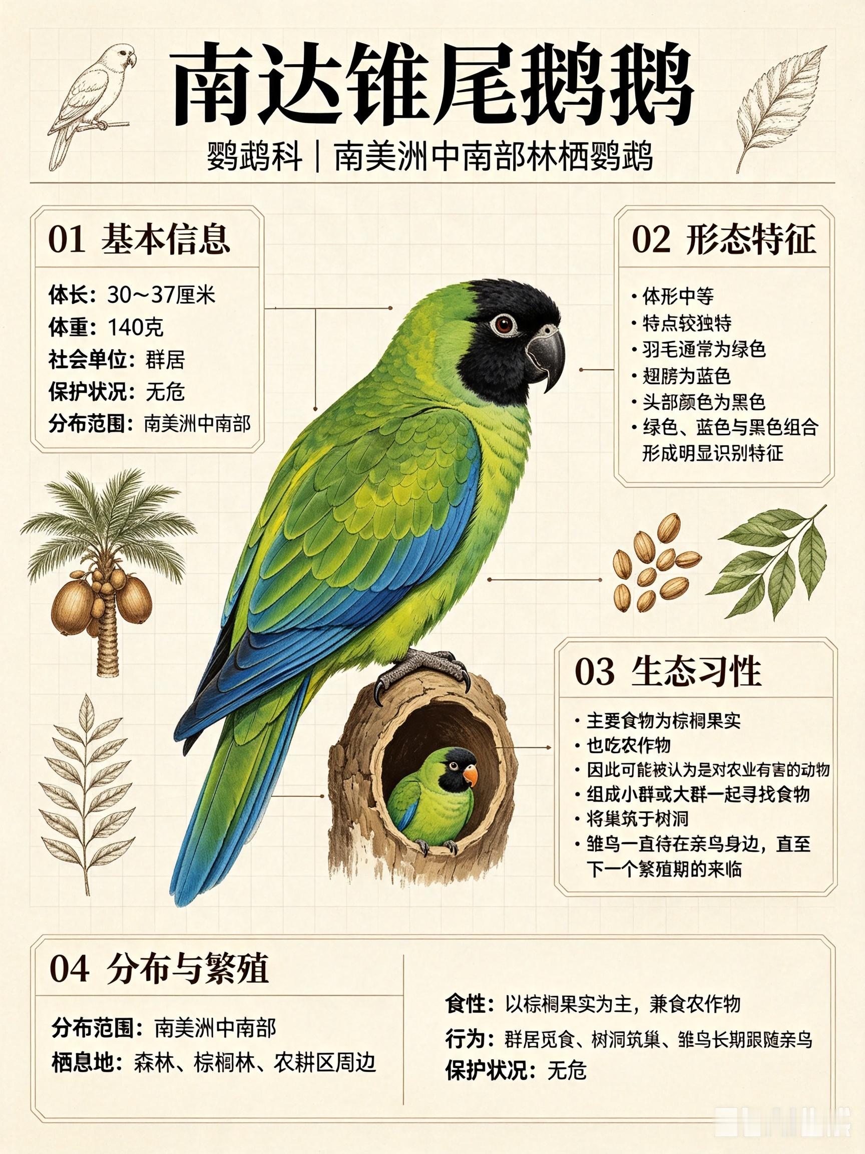 鸟类朋友图鉴 南达锥尾鹦鹉体长：30~37 厘米体重：140 克社会单位：群居保