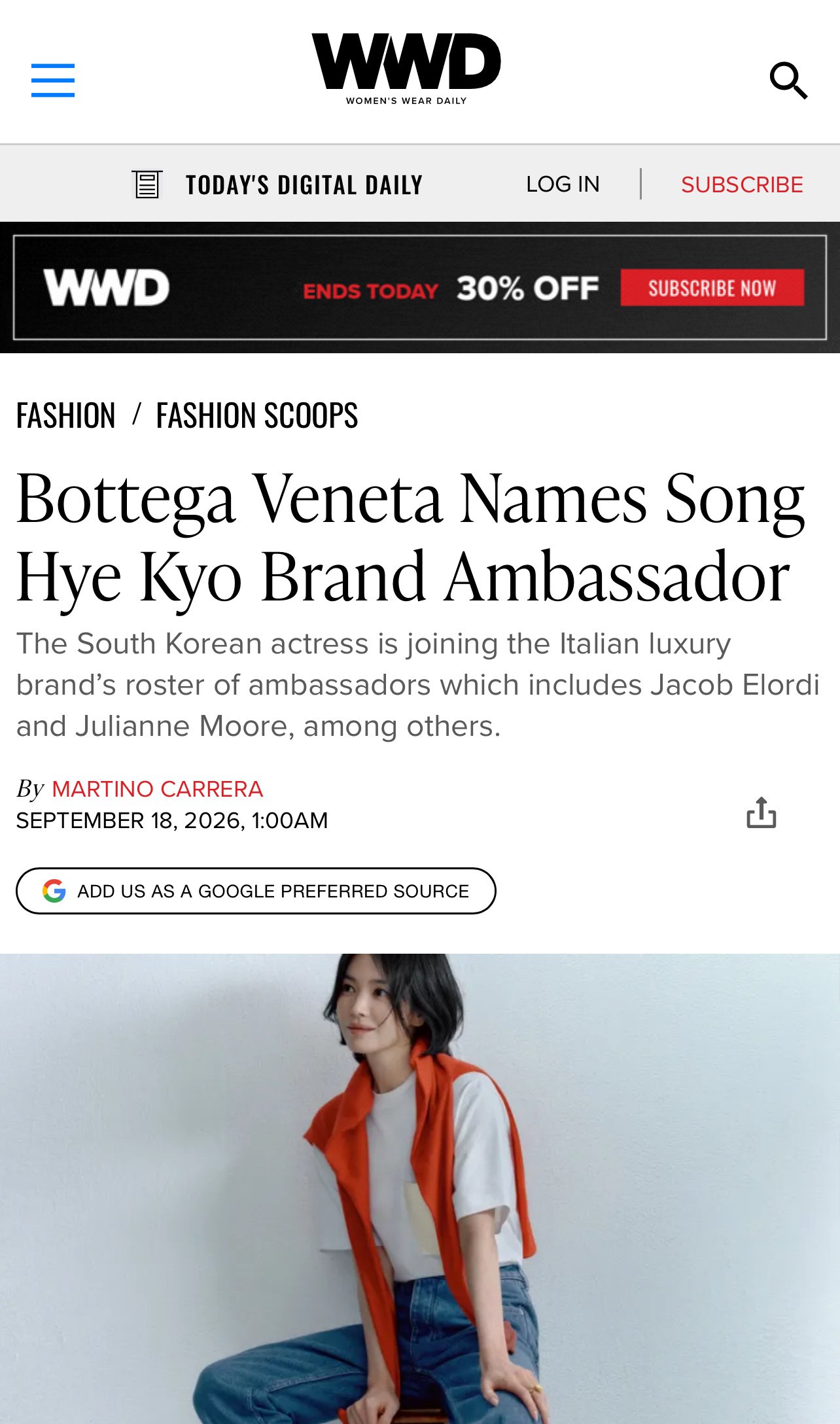 小黑板报 据WWD报道，韩国演员宋慧乔出任Bottega Veneta全新品牌大