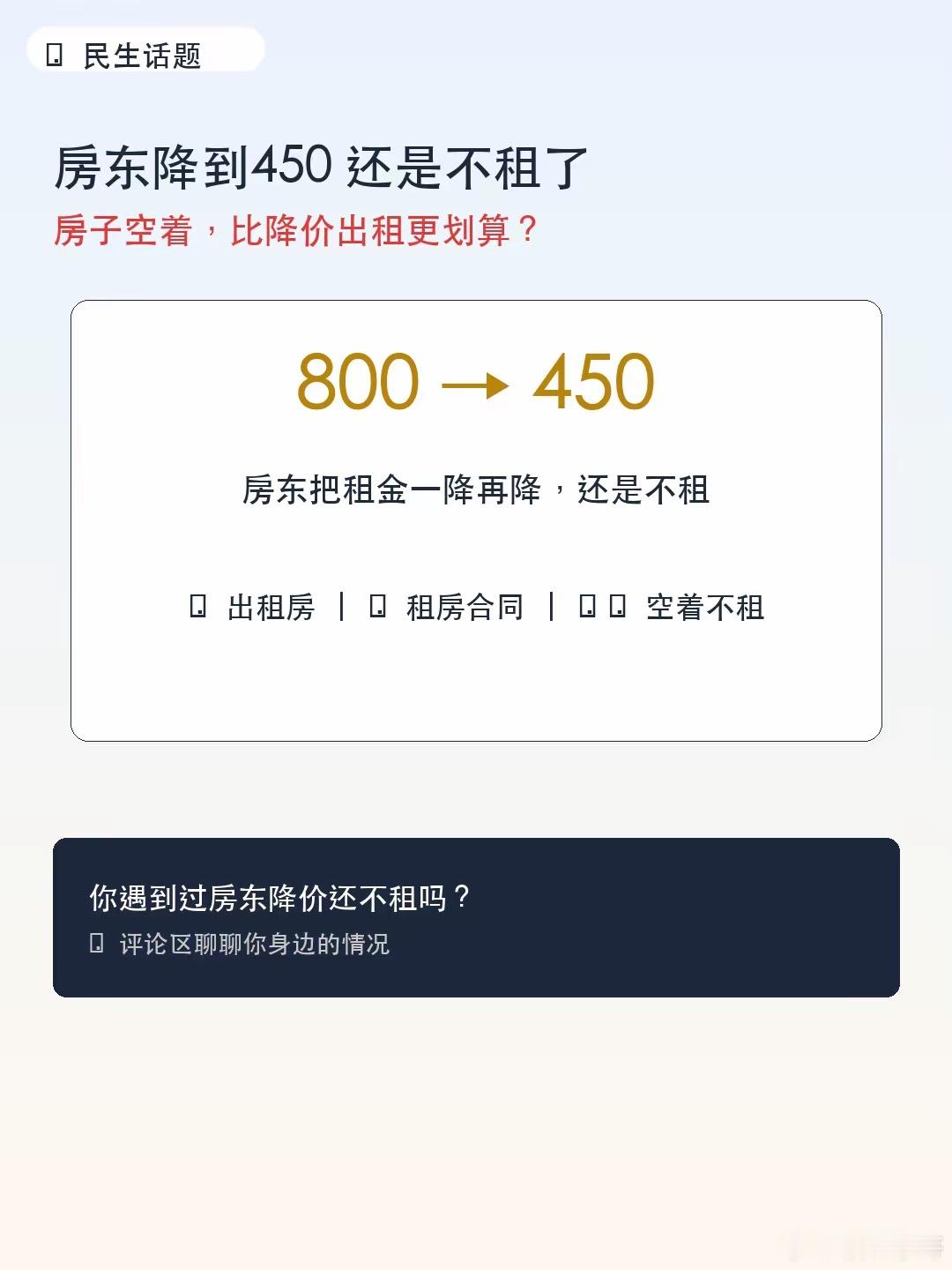 租金从800降到450房东不想租了租金从800元一路降到450元，房东最后还是决