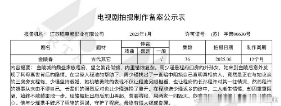 电视剧《金陵春》备案改编自吱吱同名小说出品方：稻草熊集数：36集 剧情简介：金陵