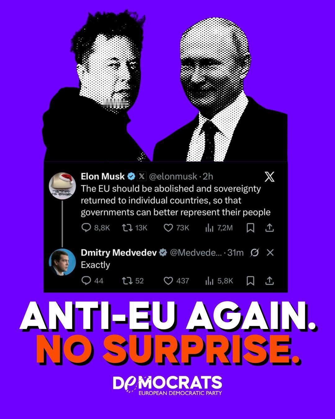 欧洲民主党（EDP）官宣：当埃隆·马斯克呼吁废除欧盟，而德米特里·梅德韦杰夫鼓掌