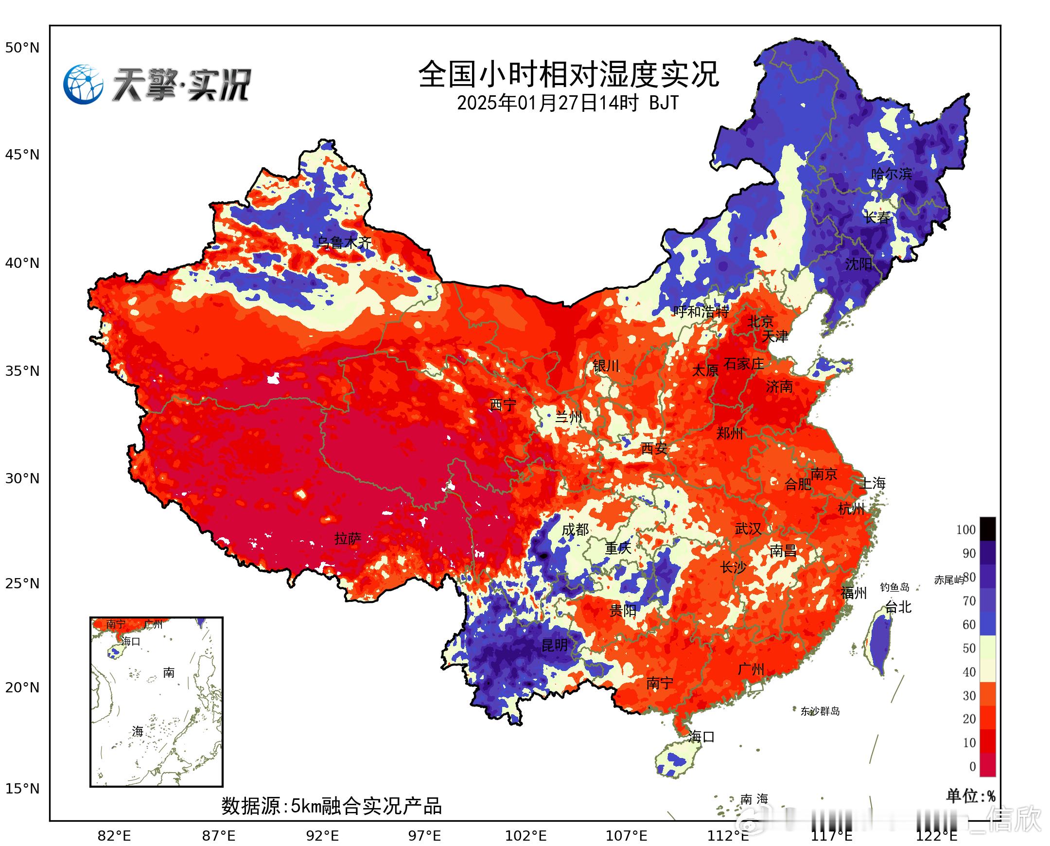 【干燥】今天下午华北、黄淮到南方不少地区，在干冷气团控制下，空气很干燥。河北沙河