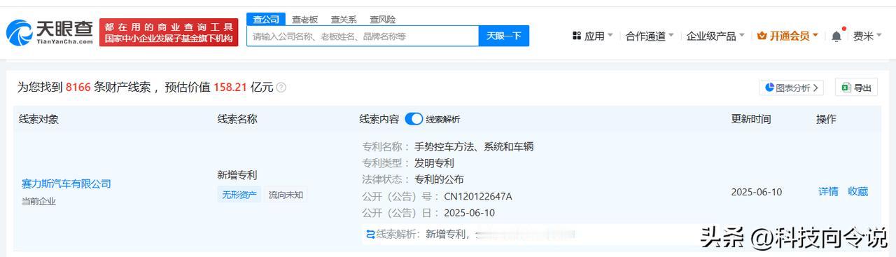 【赛力斯公布手势控车方法专利 赛力斯新专利可通过手势控制汽车】
天眼查财产线索信