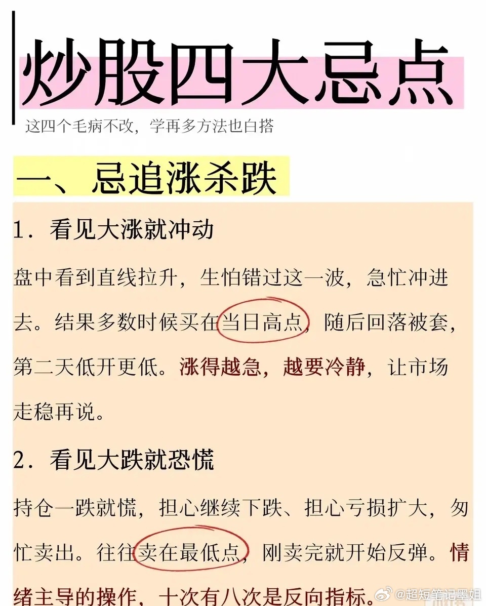 炒股四大忌点，这四个毛病不改，学再多方法也白搭！一、忌追涨杀跌看见直线拉升就冲动