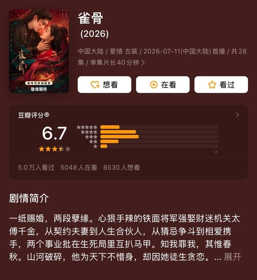 近日几部热播电视剧豆瓣开分：宋威龙、张婧仪主演的《野狗骨头》6.9分侯明昊、艾米