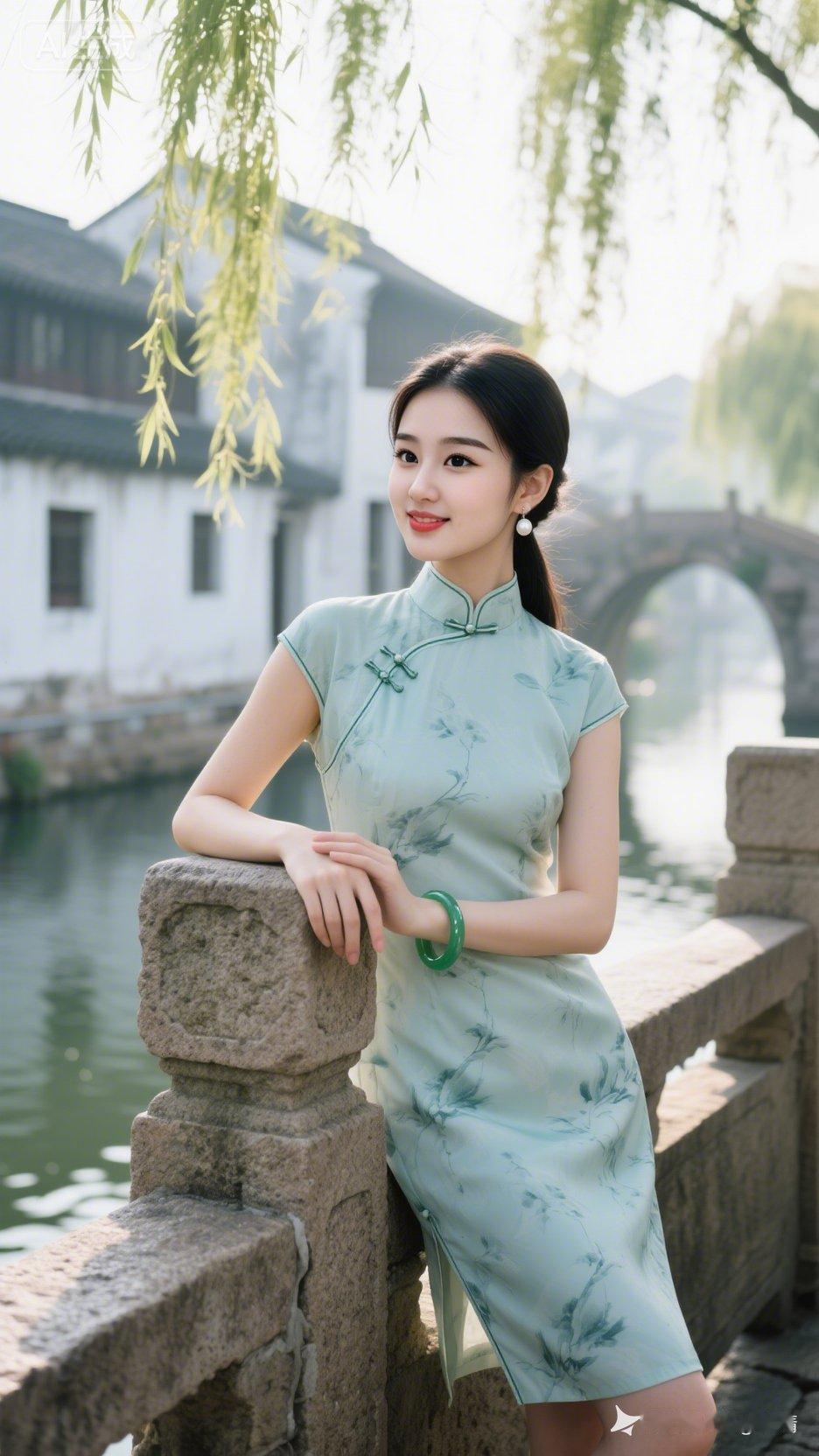 在古桥边，穿旗袍的少女，优雅动人。