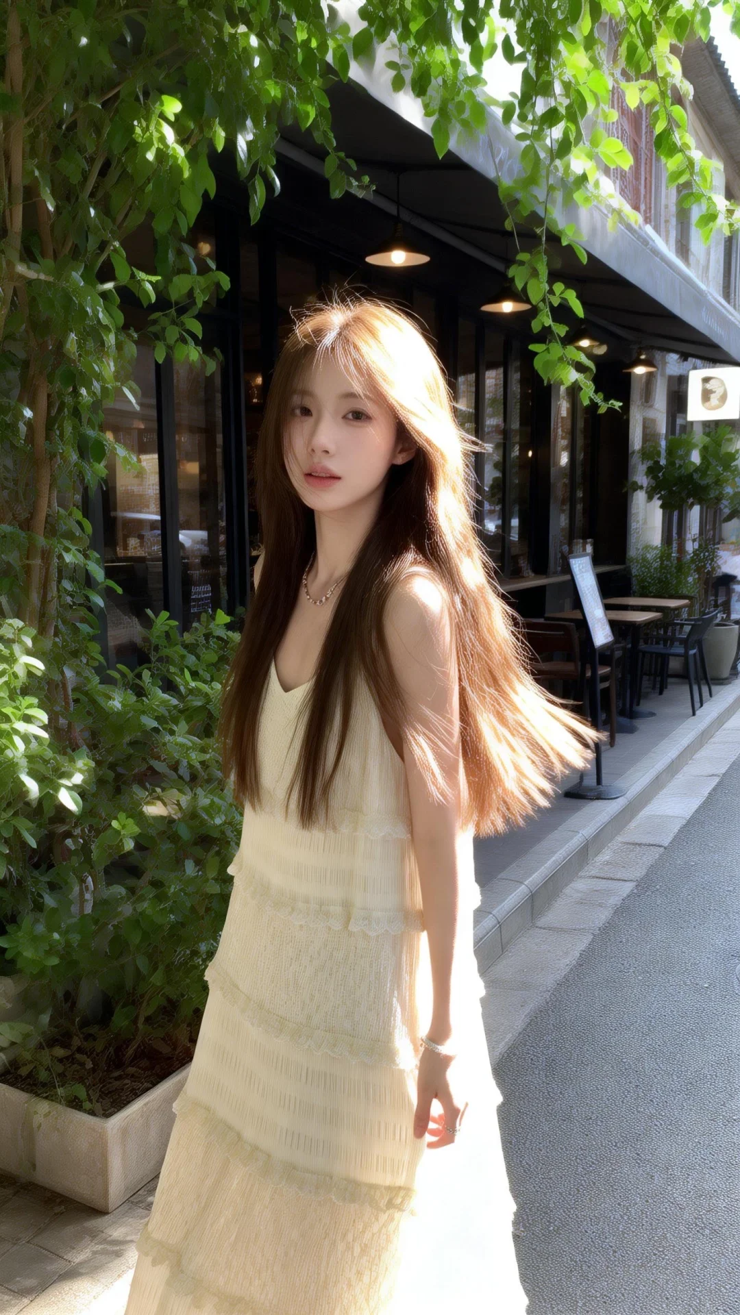 梦幻朦胧感，晴天柔和光线笼罩下，街角咖啡馆外的绿植旁，一位浅亚麻棕色长...