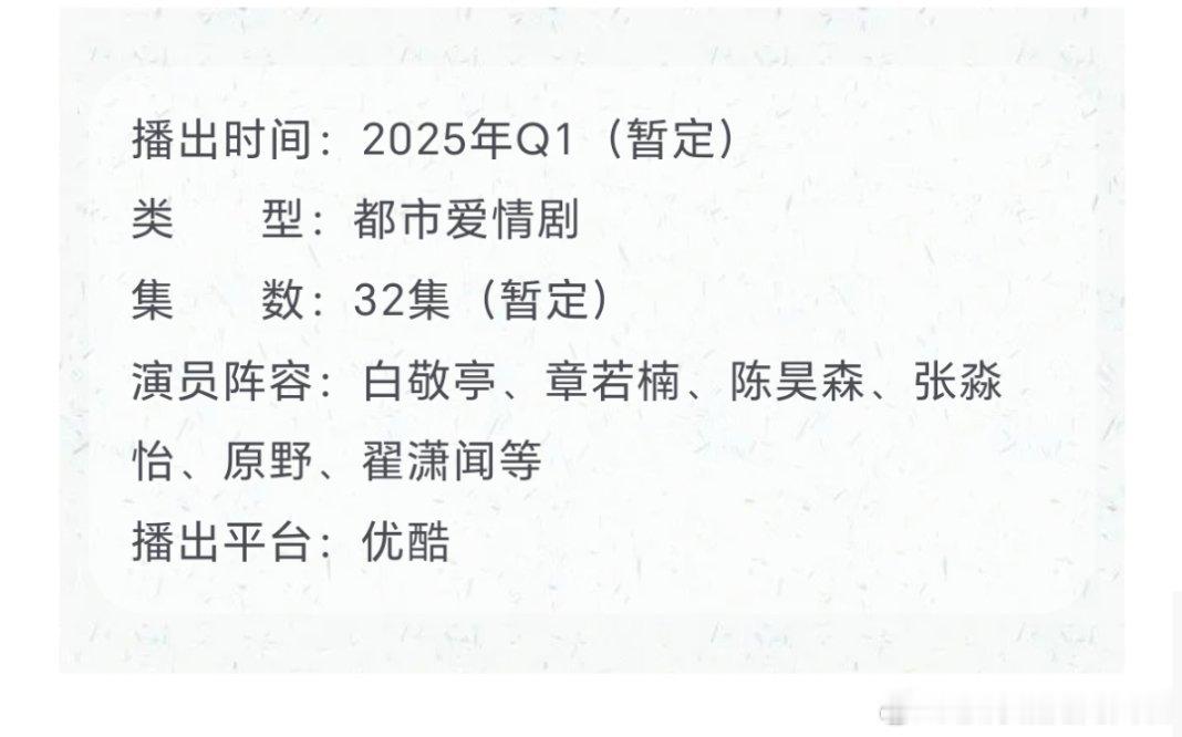 由白敬亭、章若楠主演的超级大IP《难哄》开启招商，暂定Q1优酷播出 