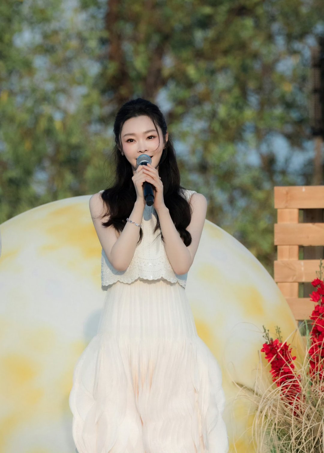 五四晚会宋轶央视晚照映仙姿，披发盈盈梦亦痴。淡裙轻扬如幻雾，柔颜浅笑似仙芝。灵音