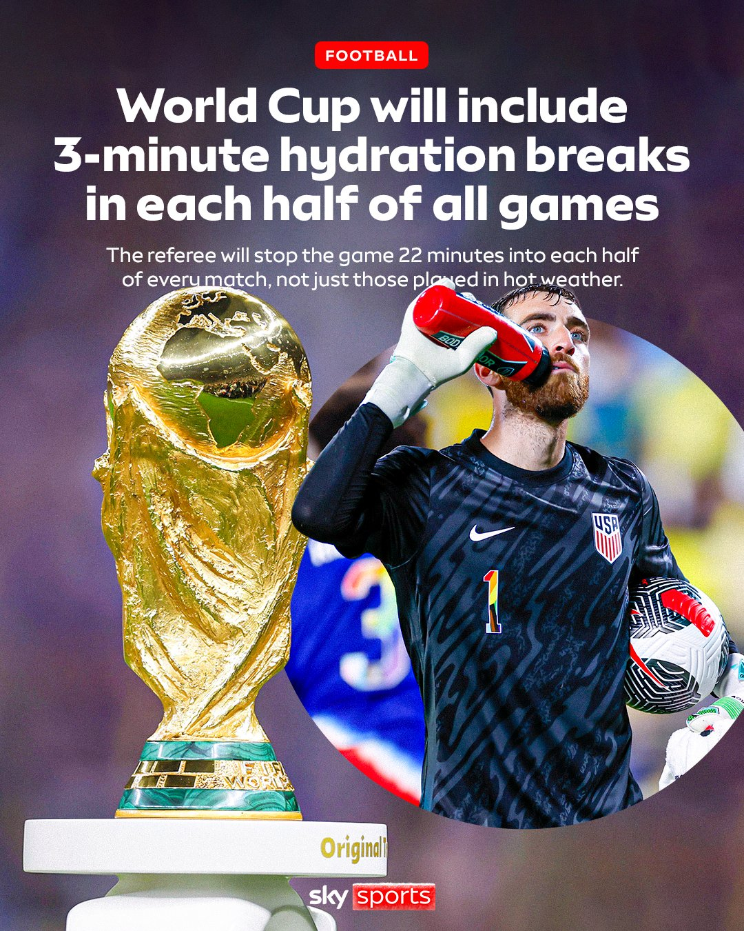 2026世界杯上下半场均设补水时间 国际足联确认，明年的美加墨世界杯，每场比赛的