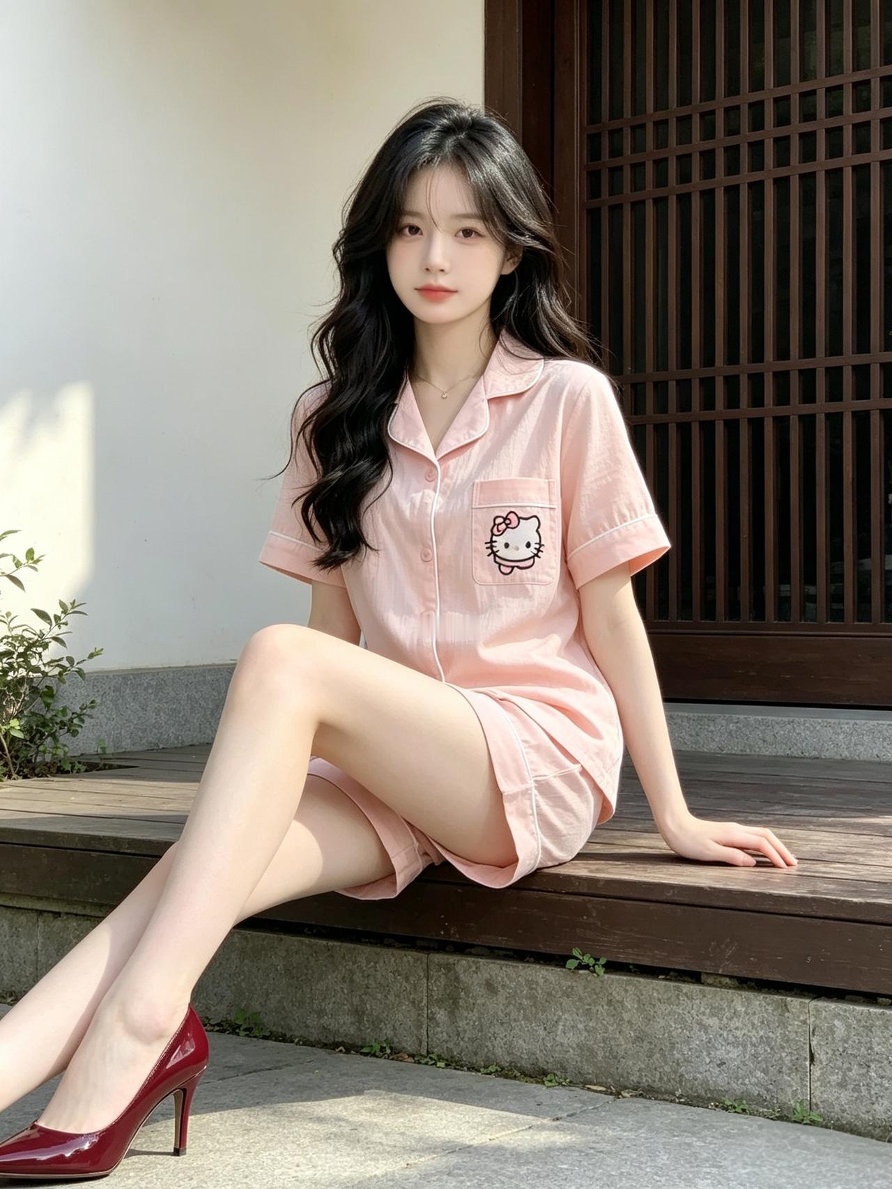 女孩子怎么穿搭既时尚又好看? 粉色凯蒂猫睡衣太甜啦，搭配红高跟鞋，古韵白墙前蹲坐