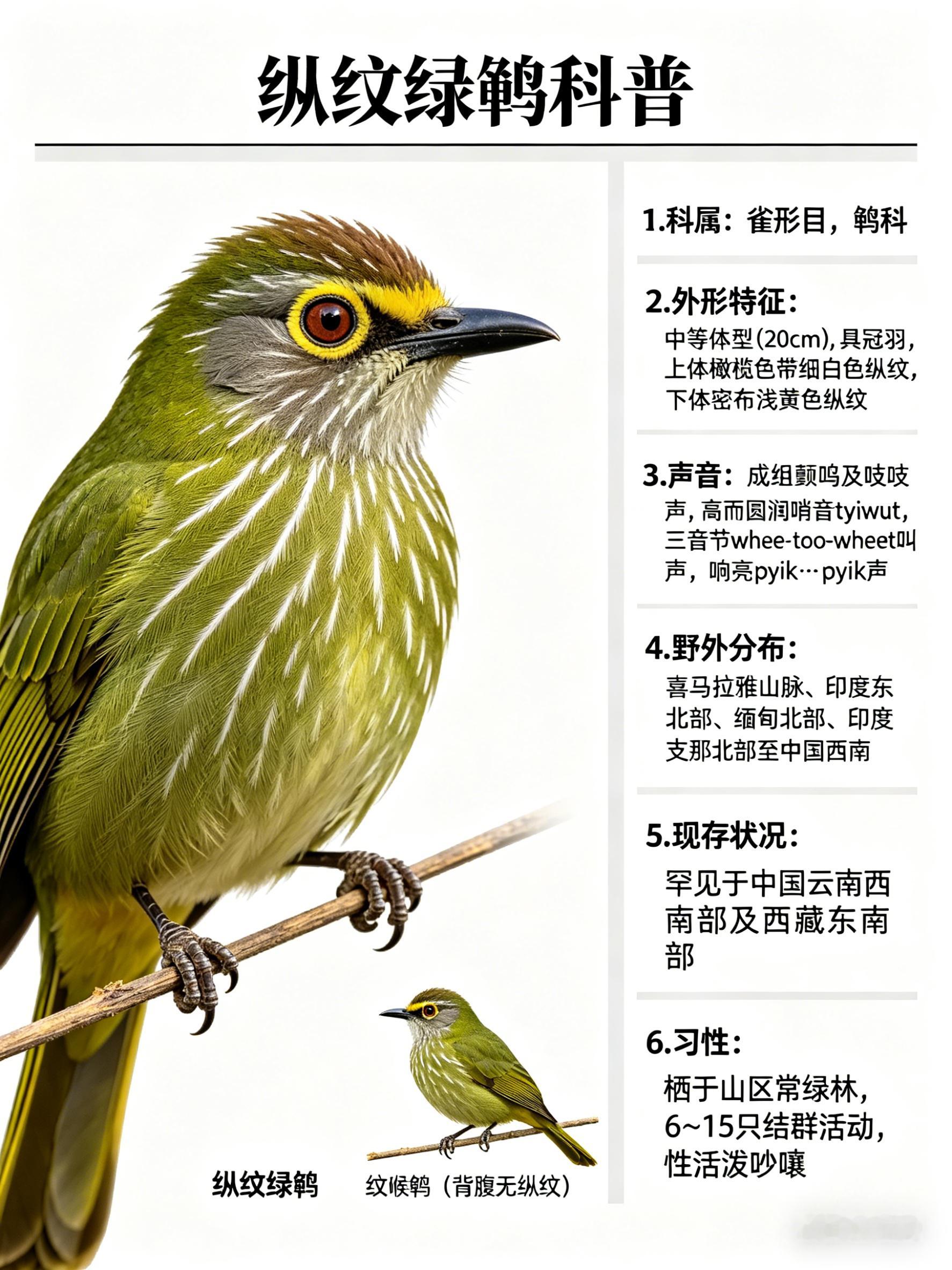 鸟类朋友图鉴 纵纹绿鹎·科属：雀形目，鹎科。·外形特征：中等体型（20cm）而具