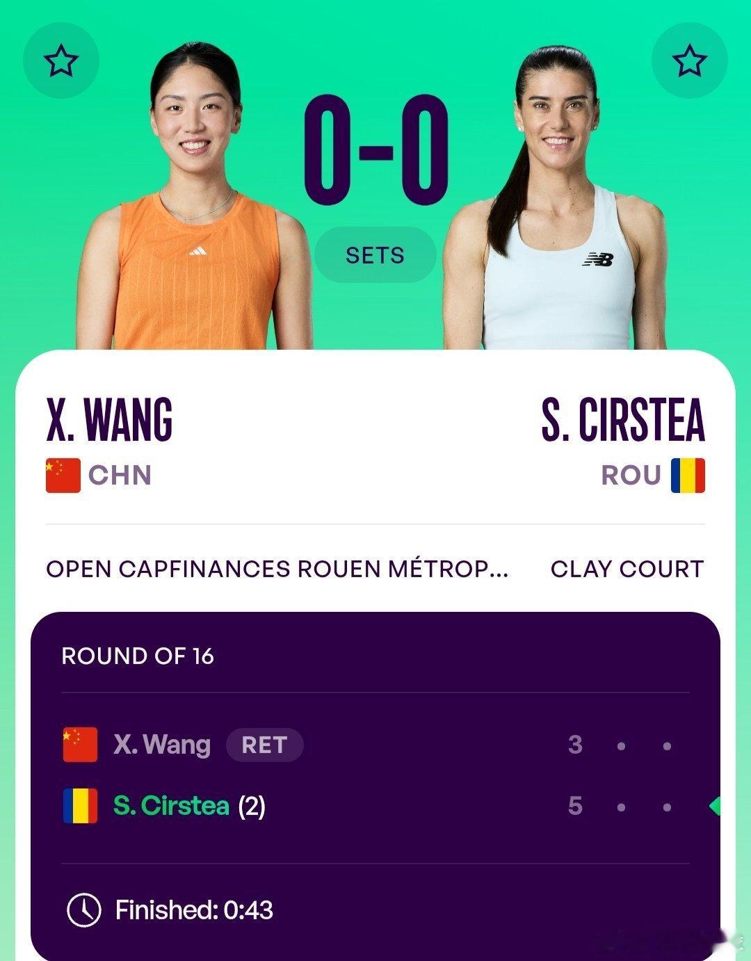 WTA250鲁昂站🇫🇷女单第2轮王欣瑜🇨🇳在首盘3-5落后科斯蒂亚🇷?