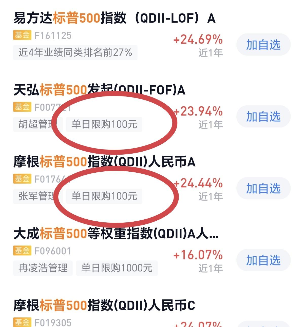 刚刚去看了纳斯达克和标普500的相关基金，很多都被限购金额，大部分都一天限购10