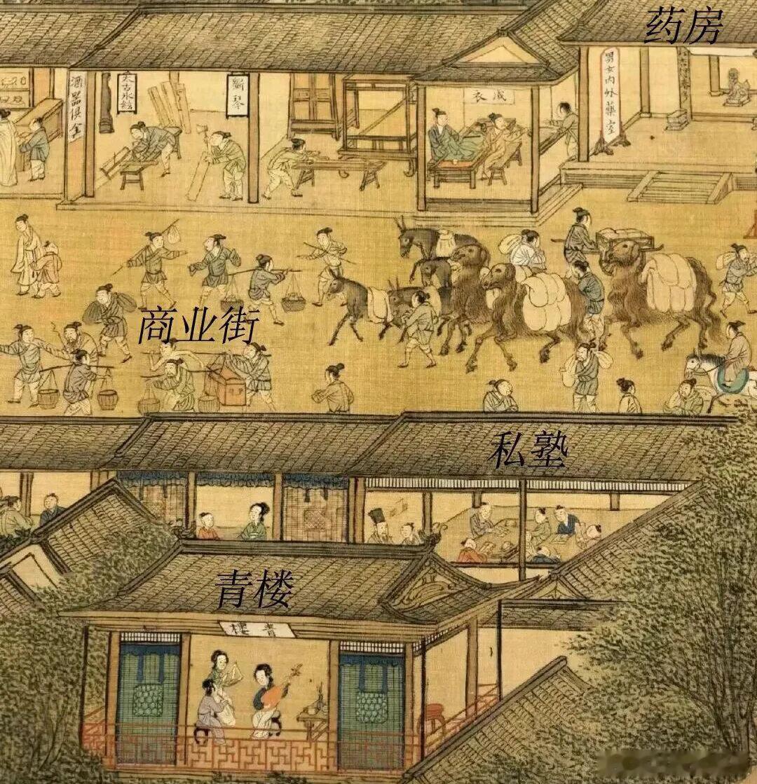 明代青楼的选址一流开在热闹的商业街青楼女子围着弹琴、吹箫隔壁私塾正给儿童授课对街