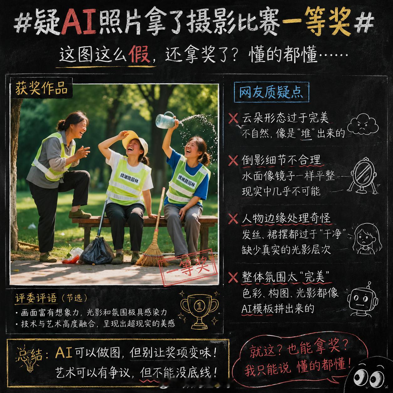 疑AI照片拿了摄影比赛一等奖这个图这么假的，不是一眼就能看出来是AI生成的，就这