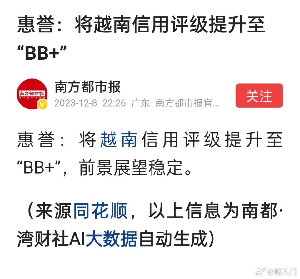 惠誉：将越南信用评级提升至“BB+”，前景展望稳定。 ​​​